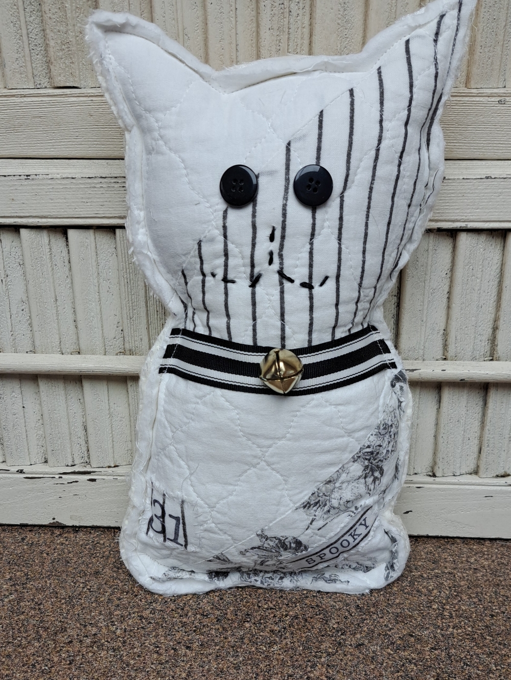 Handmade White Quilted Cat Pillow with Black Button Eyes
